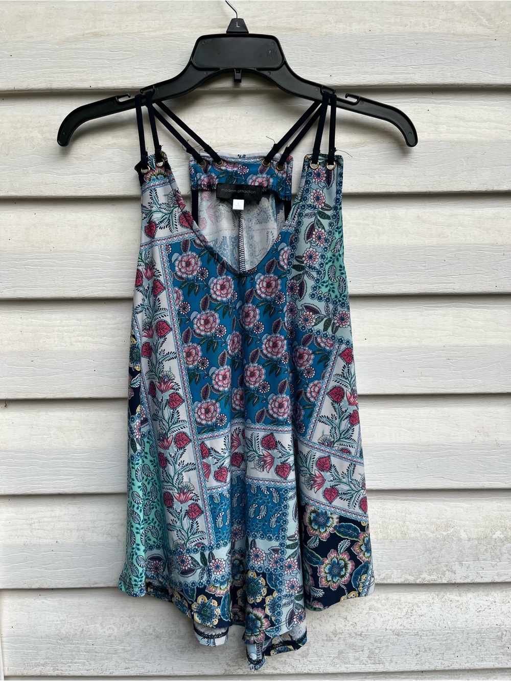 Women's Blue Floral Spaghetti-Strap Tank Top L